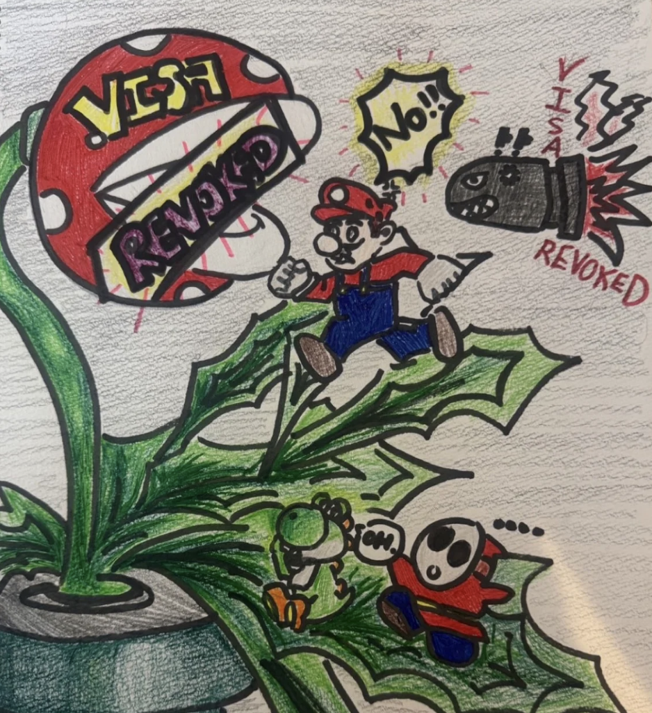Drawing by Aileen Bang, representing Mario trying to navigate the US Visa process.